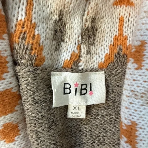 Bibi Aztec Tribal Print Open Knit Long Cardigan Pockets Grey/Orange Sz XL - Picture 2 of 9